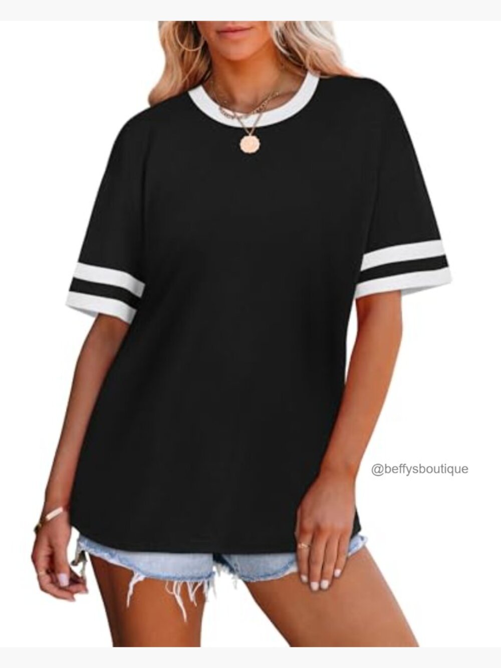 Loose Fit Short Sleeve Crew Neck Color Block T-Shirt - Picture 3 of 7